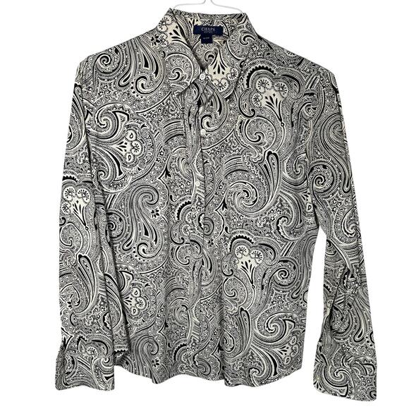 Chaps Black & White 100% Cotton Paisley Button Down Top Women's Large - Picture 1 of 6